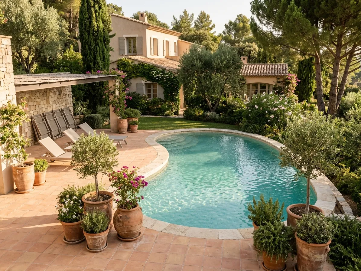 Giardino di una villa con piscina dalla forma irregolare