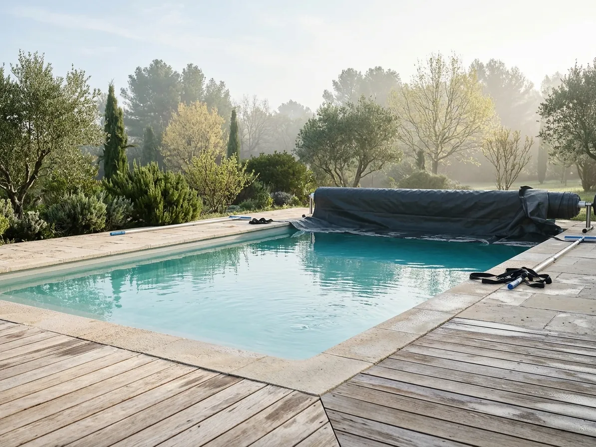 Piscina con copertura invernale parzialmente arrotolata