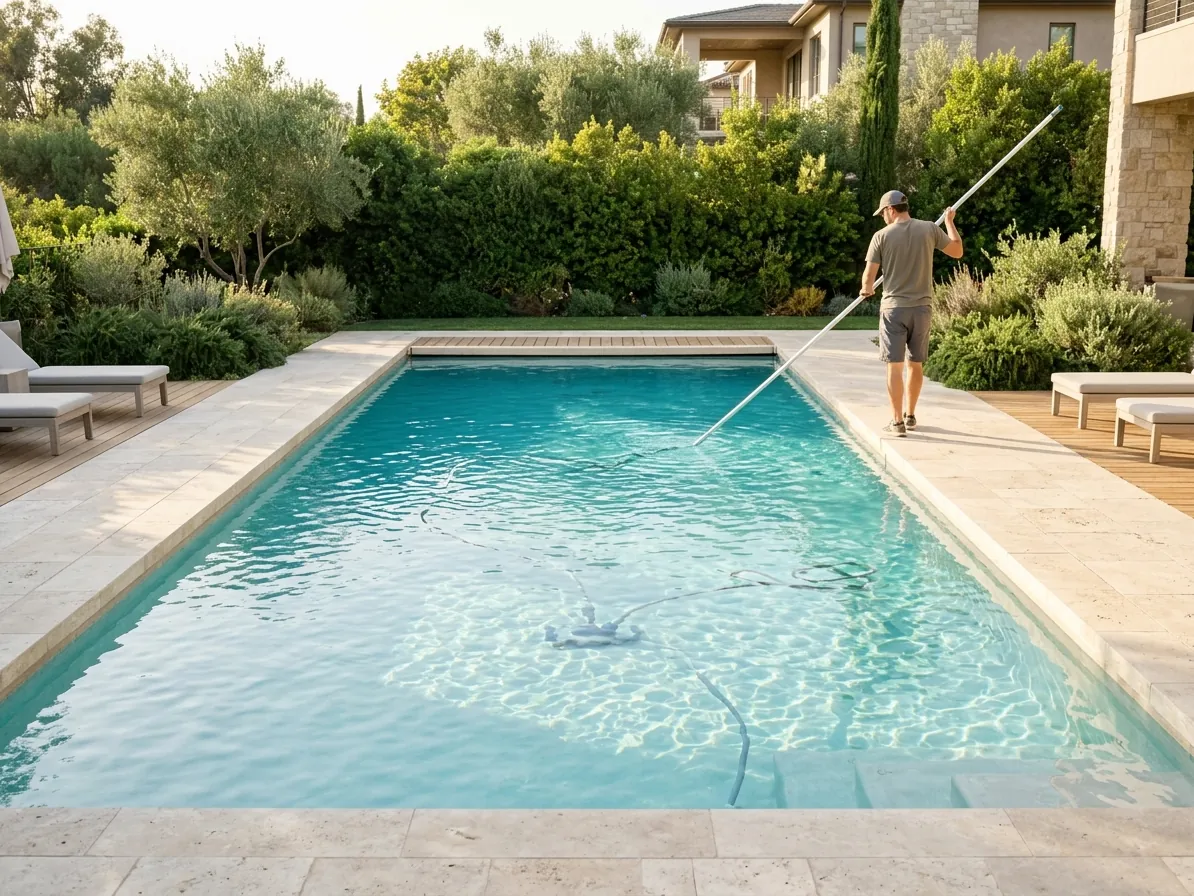 Persona di spalle che pulisce il fondo di una grande piscina