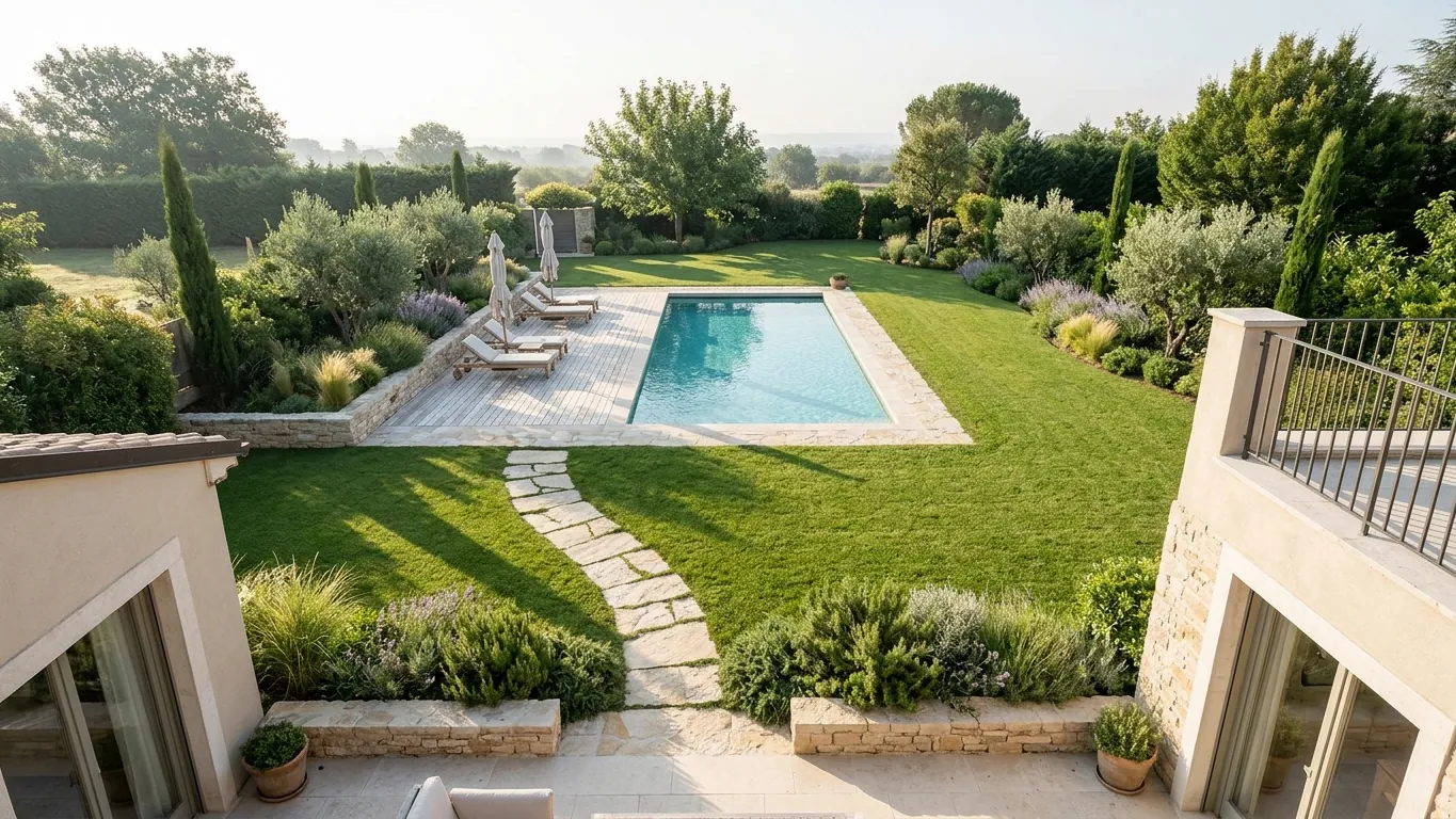 Giardino con piscina rettangolare e vialetto in pietra