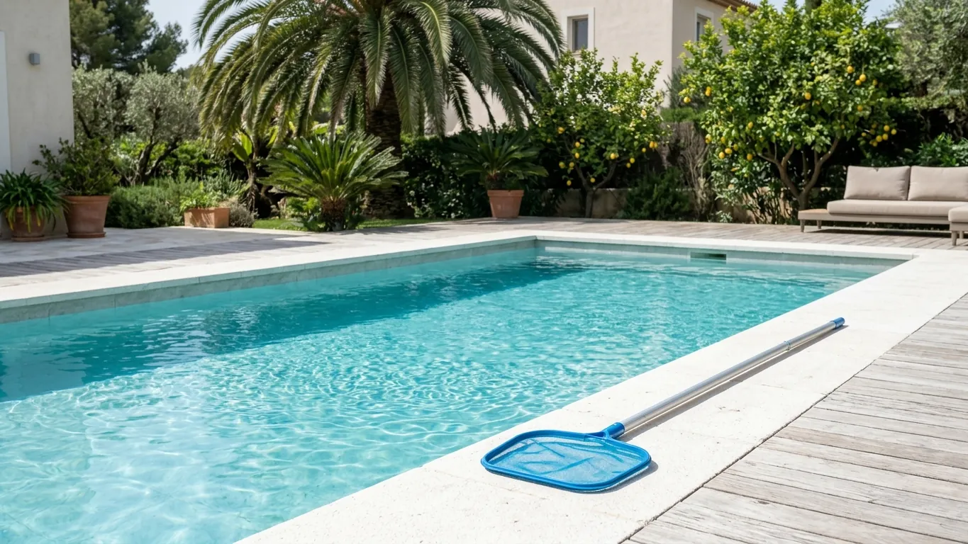 Piscina da giardino con retino appoggiato sul bordo