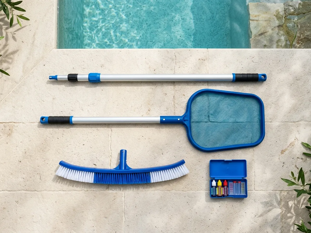 Attrezzi per la pulizia della piscina disposti sul bordo