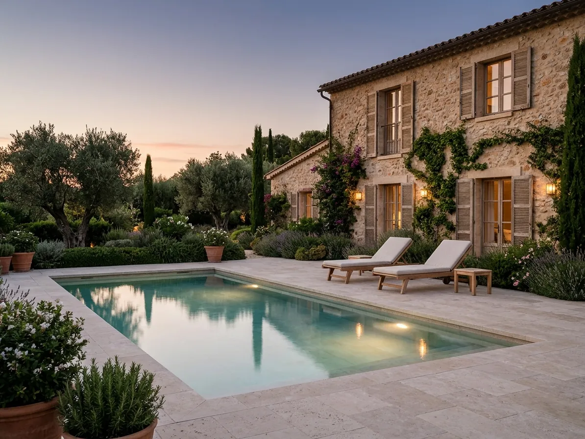 Piscina accanto a una casa in pietra al tramonto