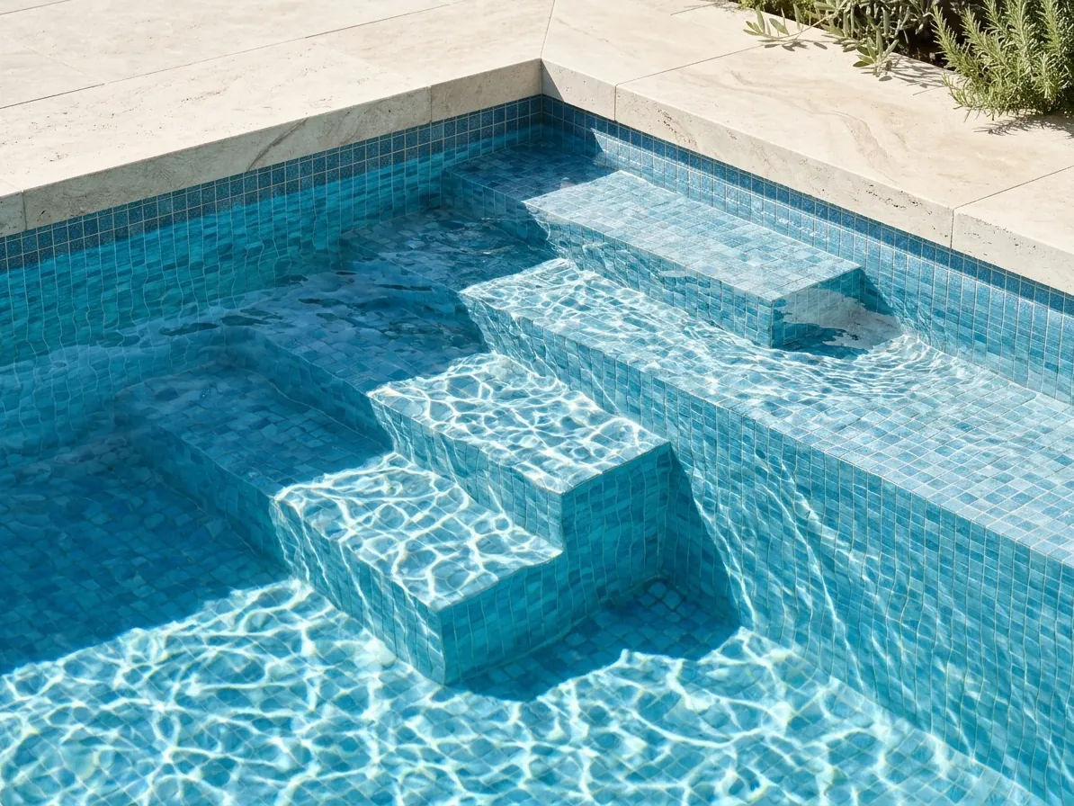 Gradini di una piscina con mosaico azzurro sotto l'acqua
