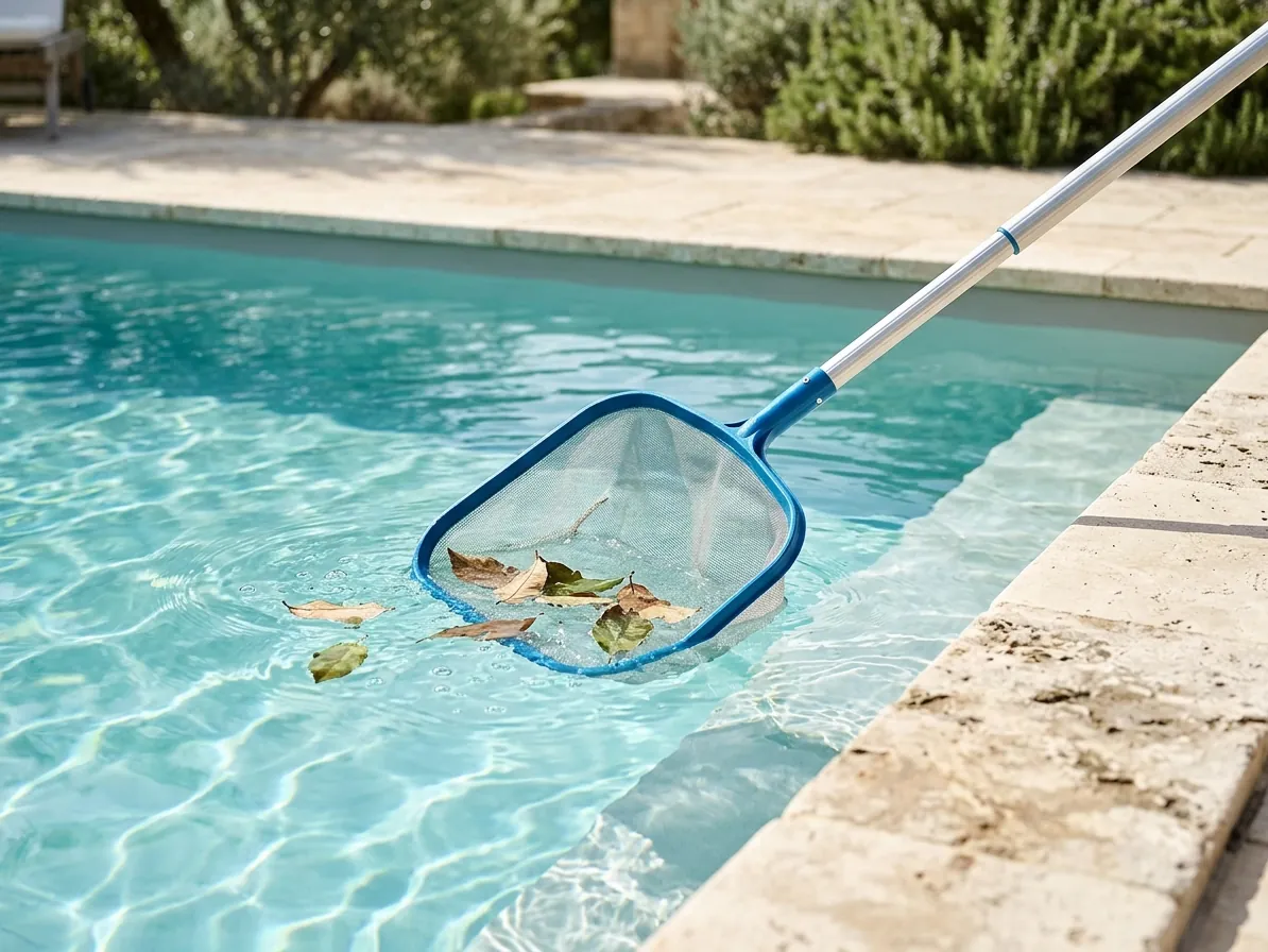 Retino che raccoglie le foglie dalla superficie della piscina