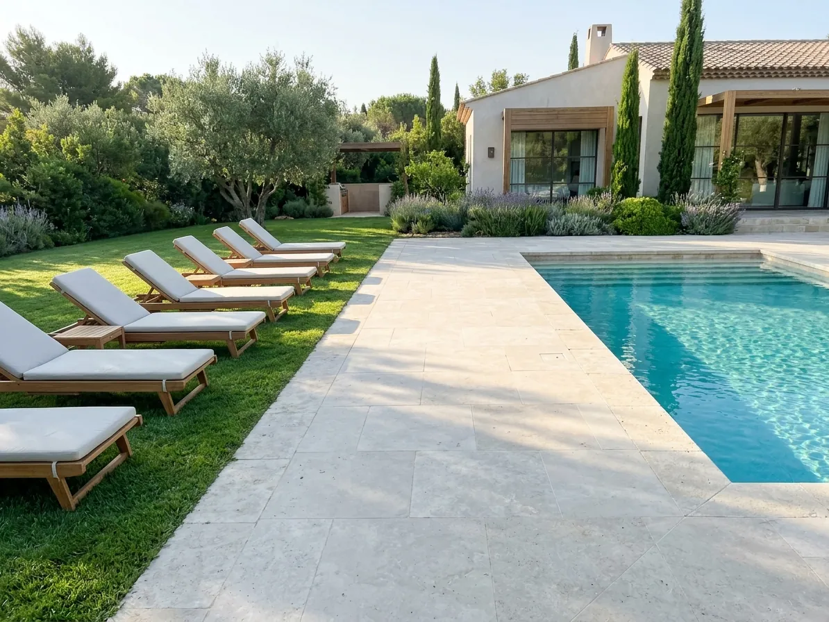 Bordo piscina libero con lettini spostati sul prato